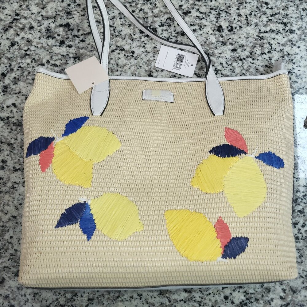 Kate Spade New York Ash Straw Lemon Zest Large Tote Handbag WKRU6715